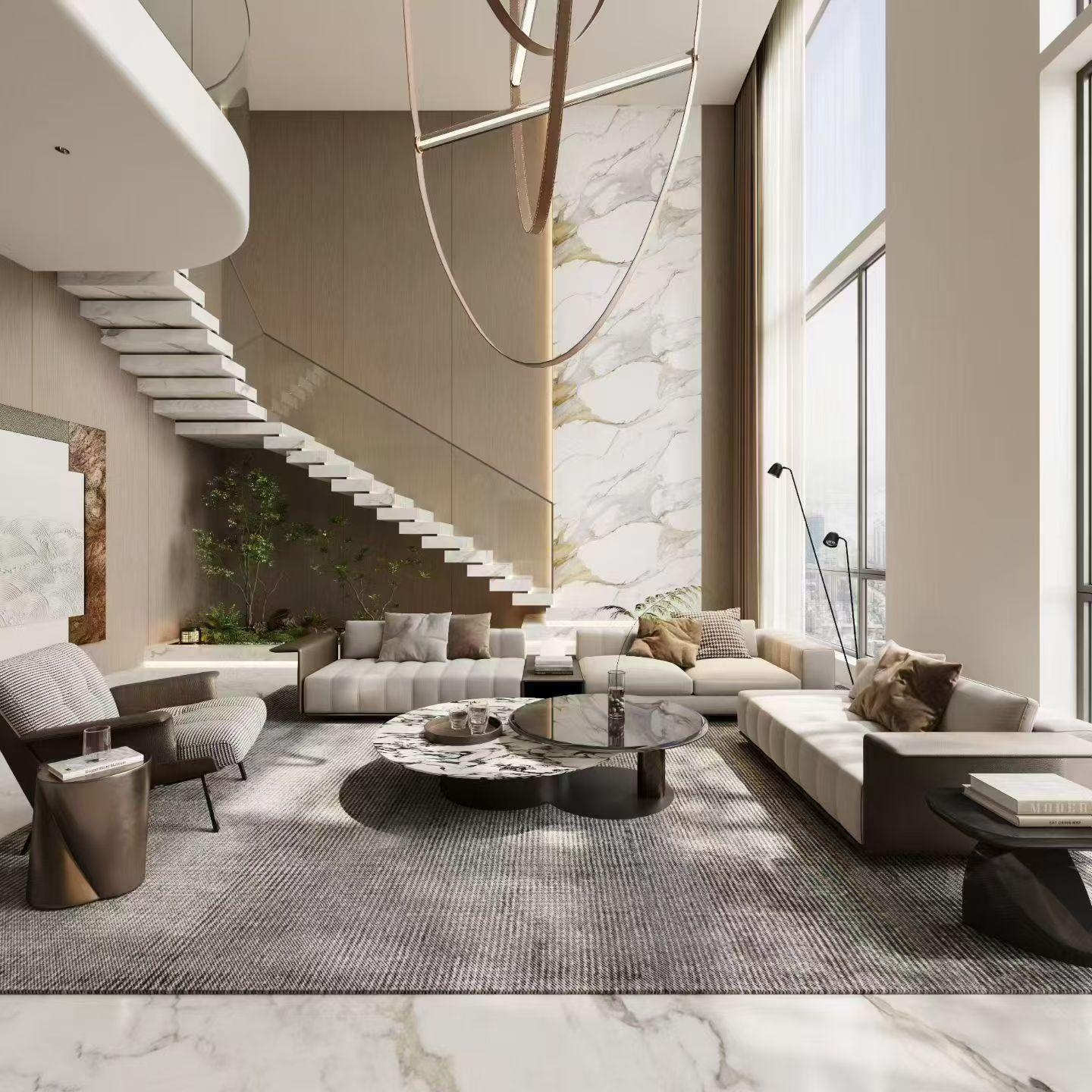 Warm contemporary double-height residential interior